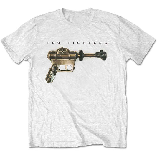 White t-shirt with a gold ray gun graphic on the chest.