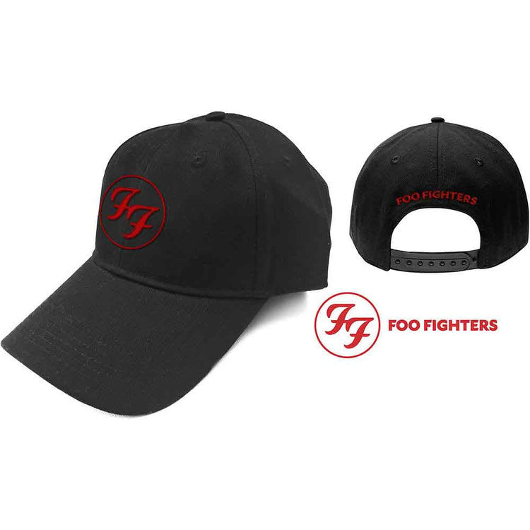 Black baseball cap featuring an embroidered red Foo Fighters logo in a circle.