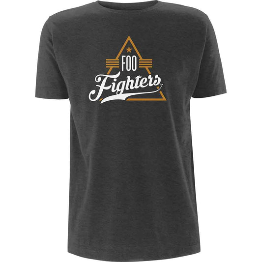 Grey t-shirt with a gold triangle logo and white Foo Fighters text graphic.