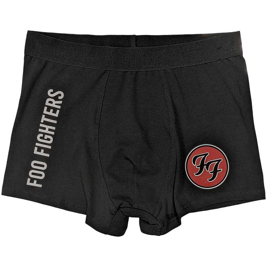 Large, black boxer shorts with a white Foo Fighters logo print.