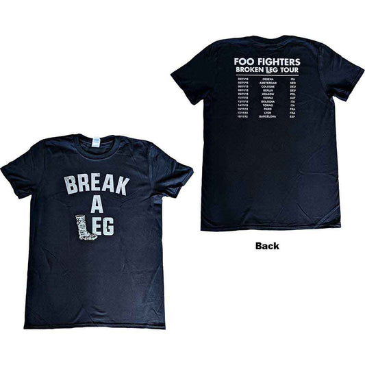 Black Foo Fighters t-shirt with “Break A Leg” front print and tour dates back.