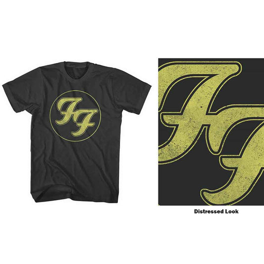 Black t-shirt with a distressed grey Foo Fighters logo inside a circle.