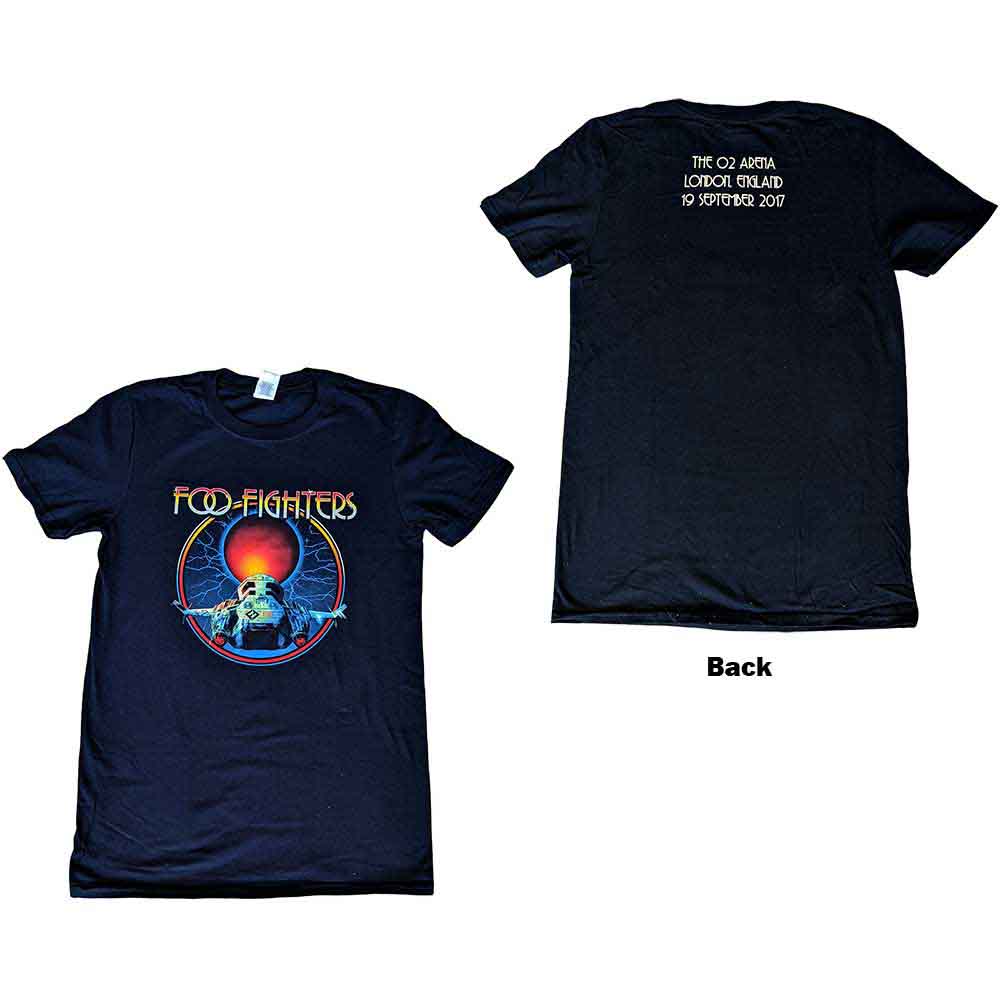 Black unisex t-shirt featuring Foo Fighters logo and O2 Arena 2017 tour back print.