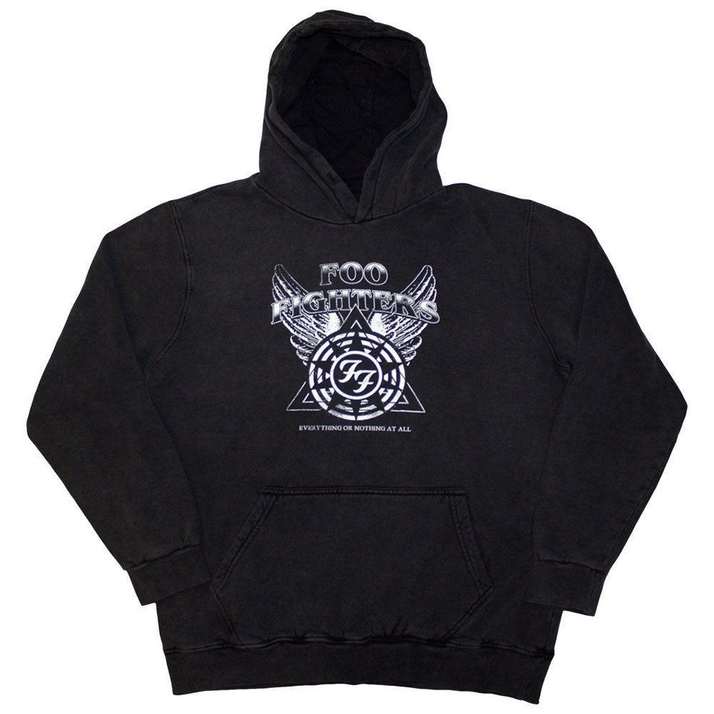Black unisex pullover hoodie featuring a white Foo Fighters logo and distressed wash effect.