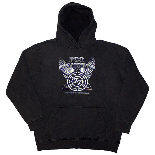 Black unisex pullover hoodie featuring a white Foo Fighters logo and distressed wash effect.