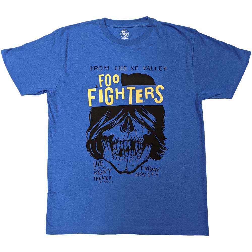Black unisex t-shirt featuring a vintage-style Foo Fighters Roxy concert flyer graphic.