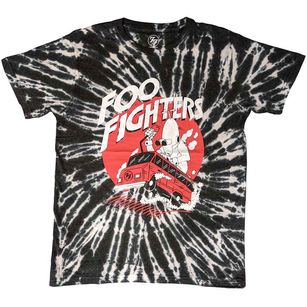 Black unisex t-shirt featuring a graphic of a speeding bus from the Foo Fighters.