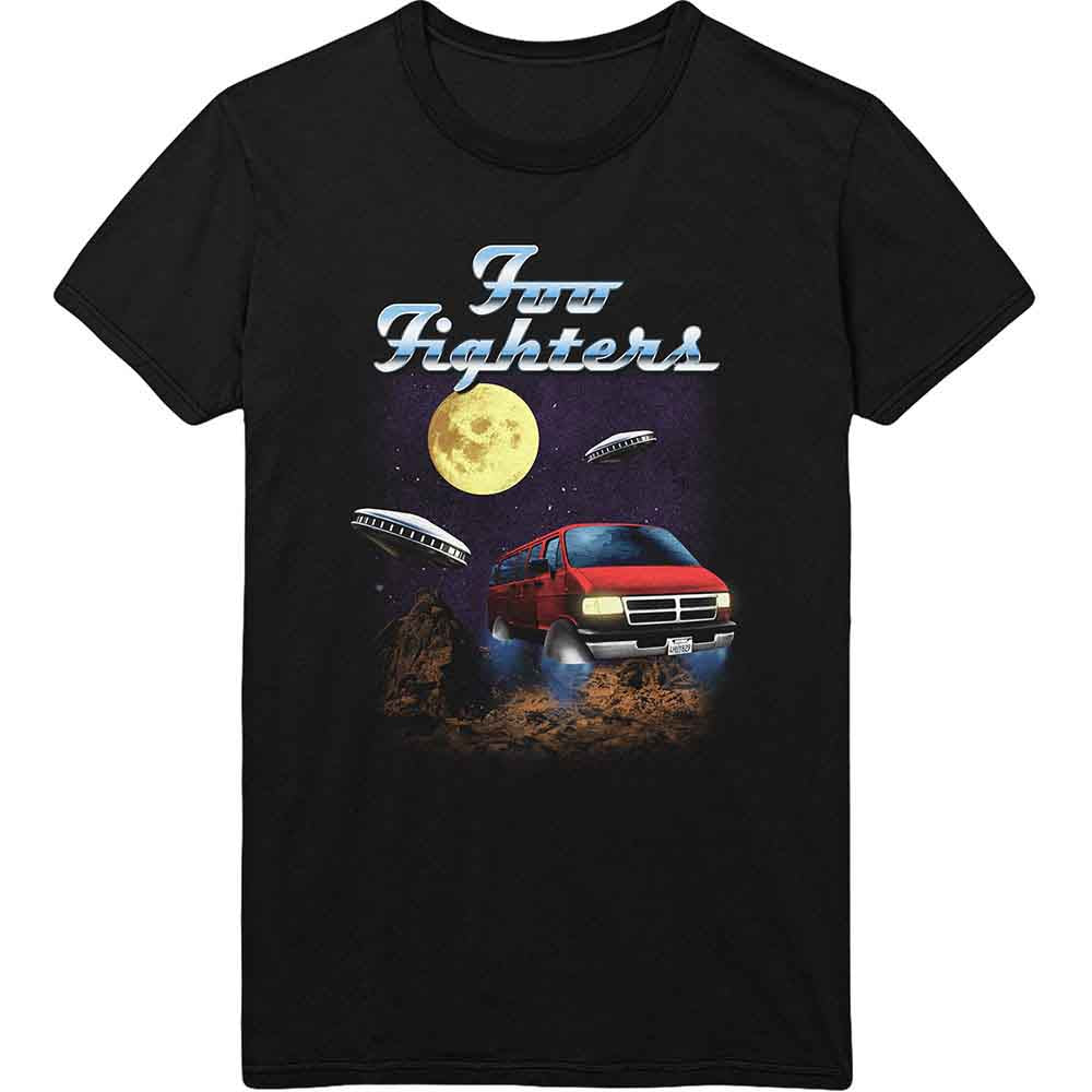 Black t-shirt with Foo Fighters van tour graphic on the front.