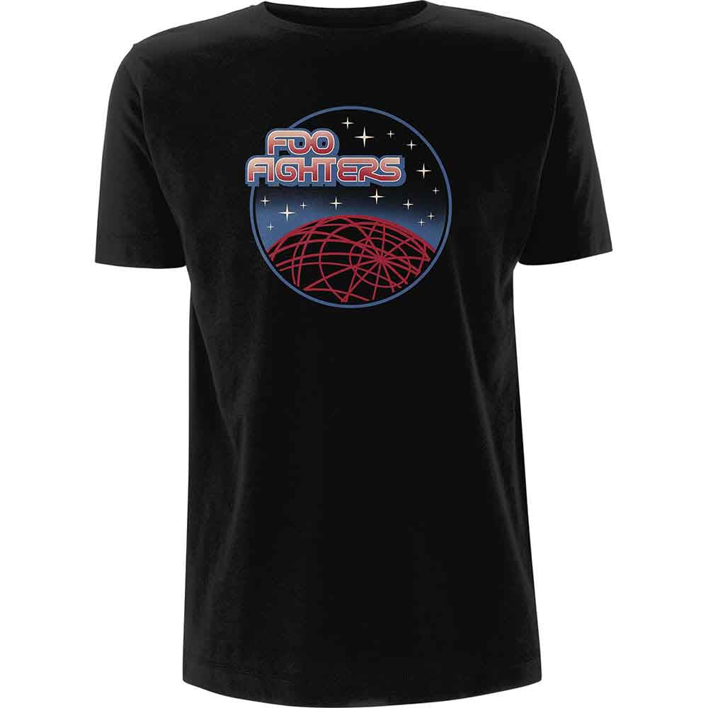 A man wearing a black t-shirt with a circular Foo Fighters space-themed graphic.
