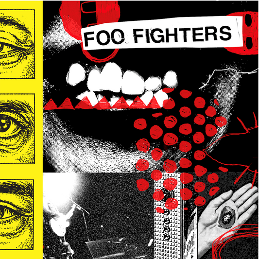 Foo Fighters" album cover with collage of eyes, teeth, and red droplets.