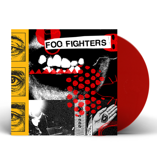 Foo Fighters album cover with collage art and a red vinyl record behind it.