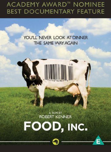 DVD case for documentary “Food Inc,” showing farmland and industrial imagery.