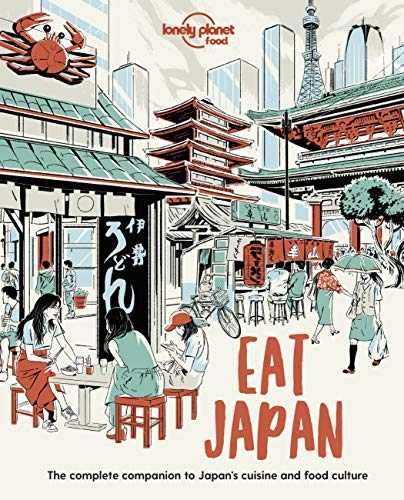 Illustrated book cover showing people eating at outdoor tables in a Japanese city street.