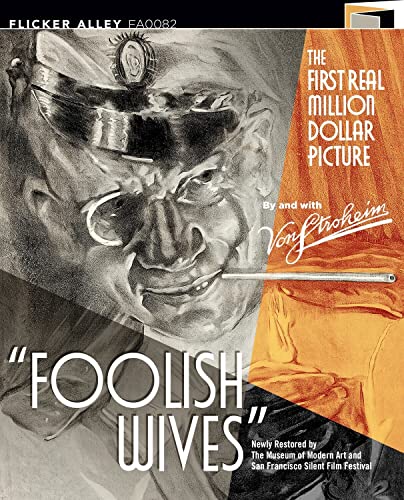 Foolish Wives" Blu-ray cover featuring a sketched portrait and geometric shapes.