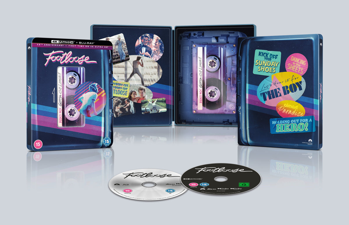 Steelbook case for "Footloose" UHD Blu-ray, featuring 80s imagery and dancers.