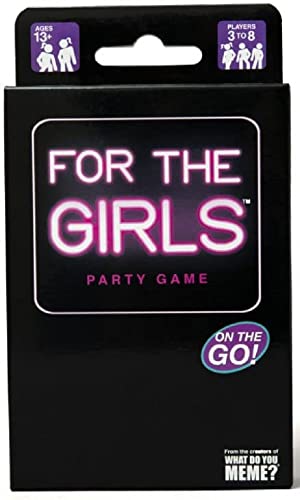 Black "For The Girls" party game box with pink lettering, ages 13+.