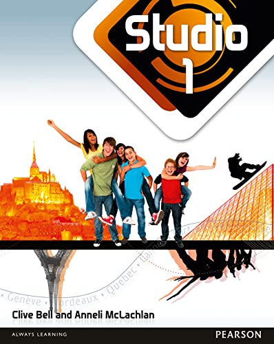 French textbook cover with diverse students and iconic European landmarks.