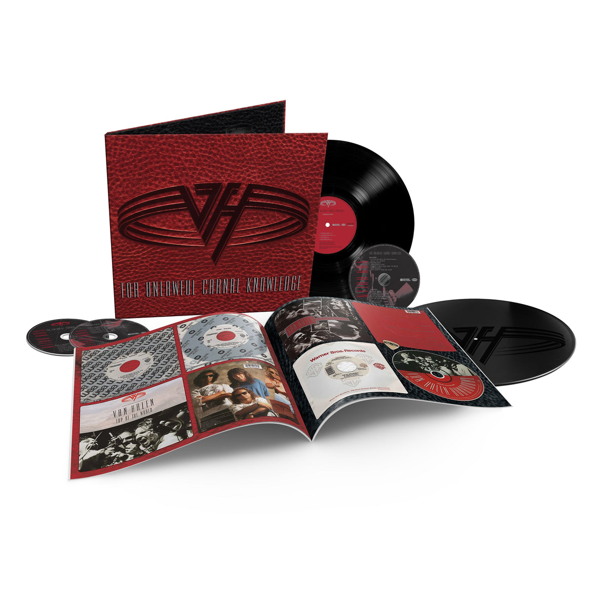 Red leather-textured album cover with vinyl records, discs, and an open photo booklet.