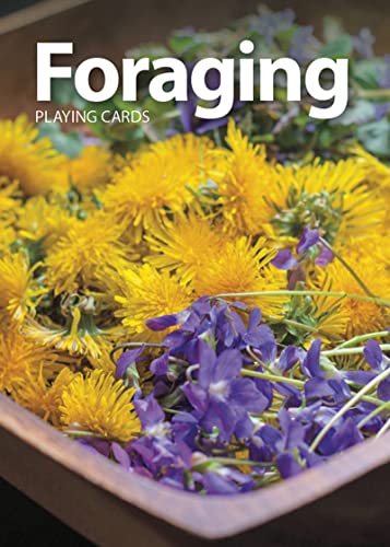 Foraging Playing Cards" cover with dandelions and purple violets in a basket.