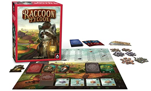 Board game “Raccoon Tycoon” with box, board, cards, and raccoon tokens.