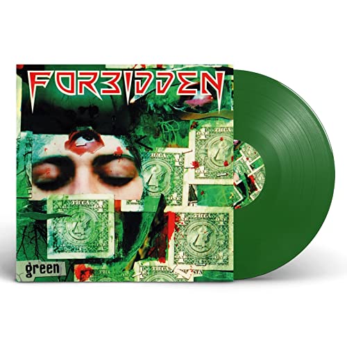 Green vinyl record with collage album art featuring eyes and money.