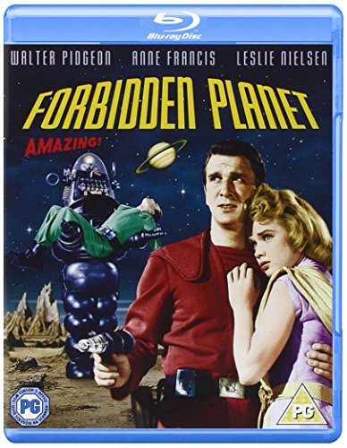 Blu-ray cover of Forbidden Planet featuring a man, woman, and a robot.