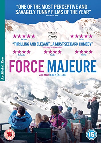 DVD cover for “Force Majeure” featuring snowy mountains and a family.