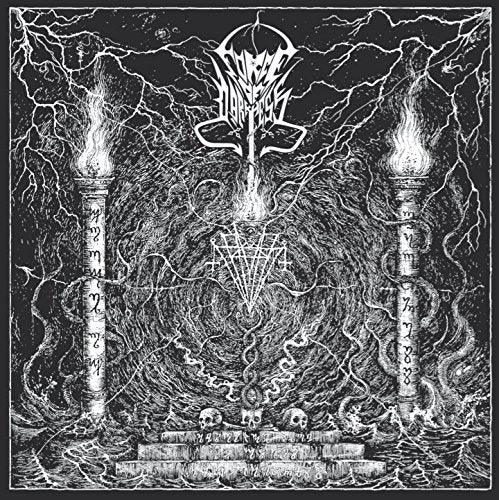 Black and white illustration of dark ritual scene with torches, skulls, and occult symbols.