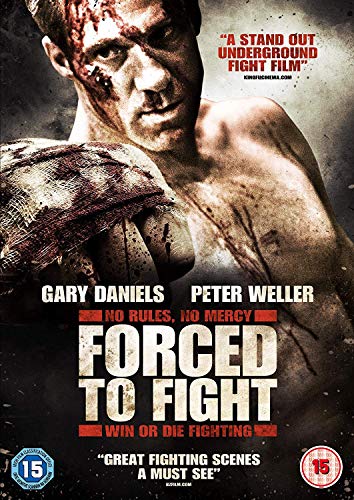 DVD cover for "Forced to Fight" showing bruised man with bloody face.