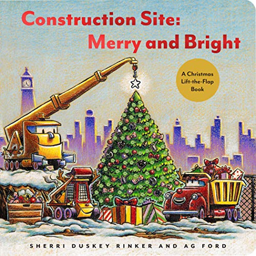 Children's book cover featuring construction vehicles decorating a large Christmas tree in a city.