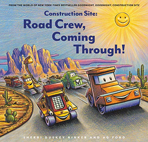 Cartoon construction vehicles travel a desert road at sunset.