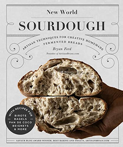 Book cover: "New World Sourdough" with halved loaf of bread in hands.