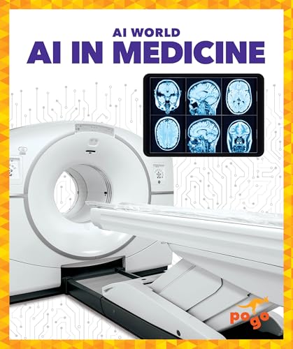 CT scanner with brain scans displayed on a tablet; "AI in Medicine" text.