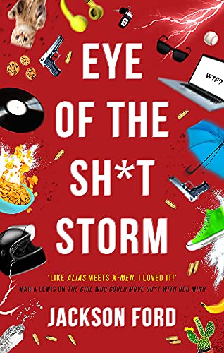 Red book cover with scattered objects and bold white title text.