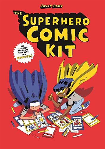 Superhero comic kit with two children drawing, pencils, and comic panels.