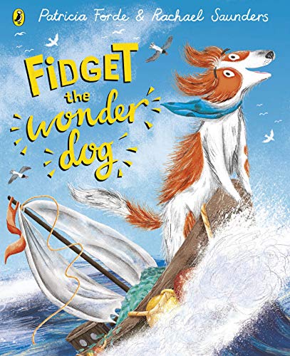 Dog with orange and white fur stands on a small boat in waves.
