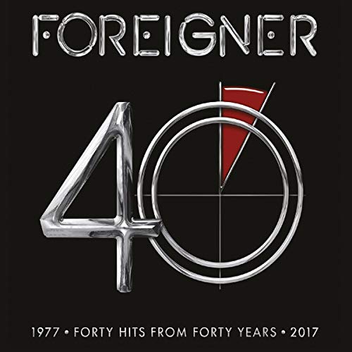 Album cover for Foreigner 40 featuring metallic text and a large number 40 graphic.
