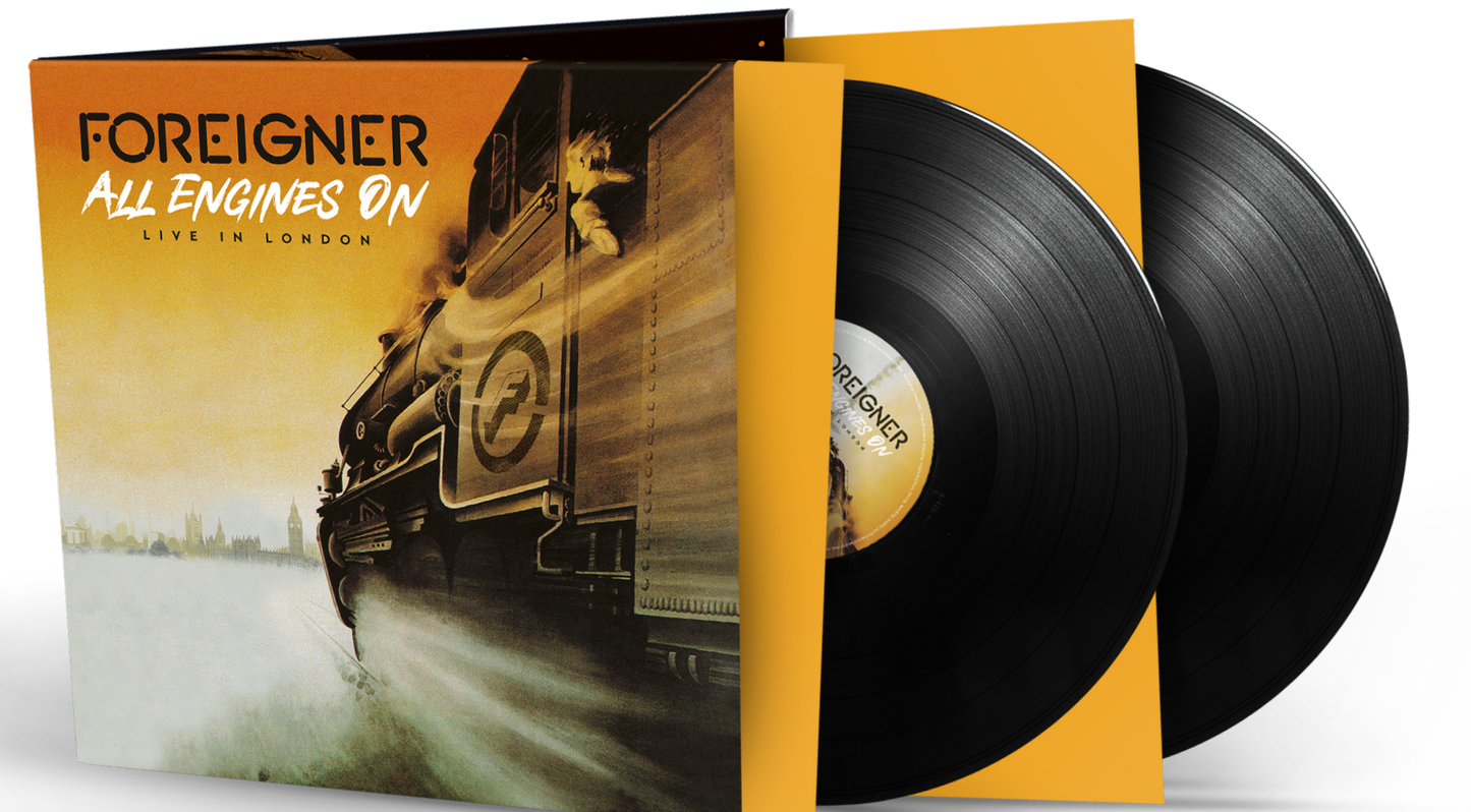 Foreigner “All Engines On” vinyl record with a steam train cover image.