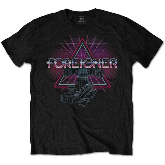 Black t-shirt with a neon graphic of an electric guitar, band logo "Foreigner".