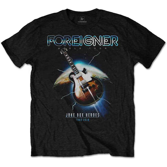 Black t-shirt with a graphic of a guitar over a planet and "Foreigner" text.