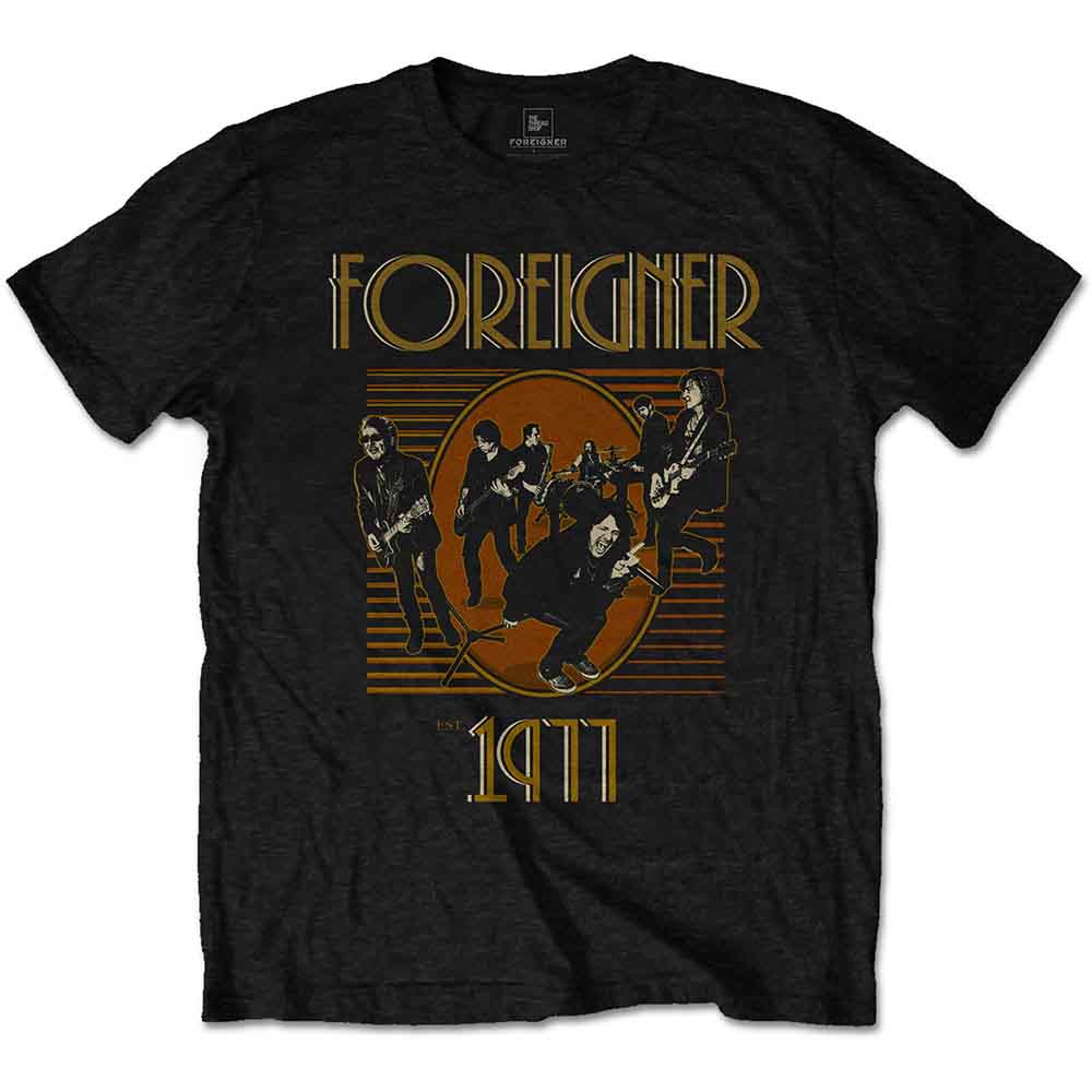 Black t-shirt with a graphic of the band Foreigner and the year 1977.