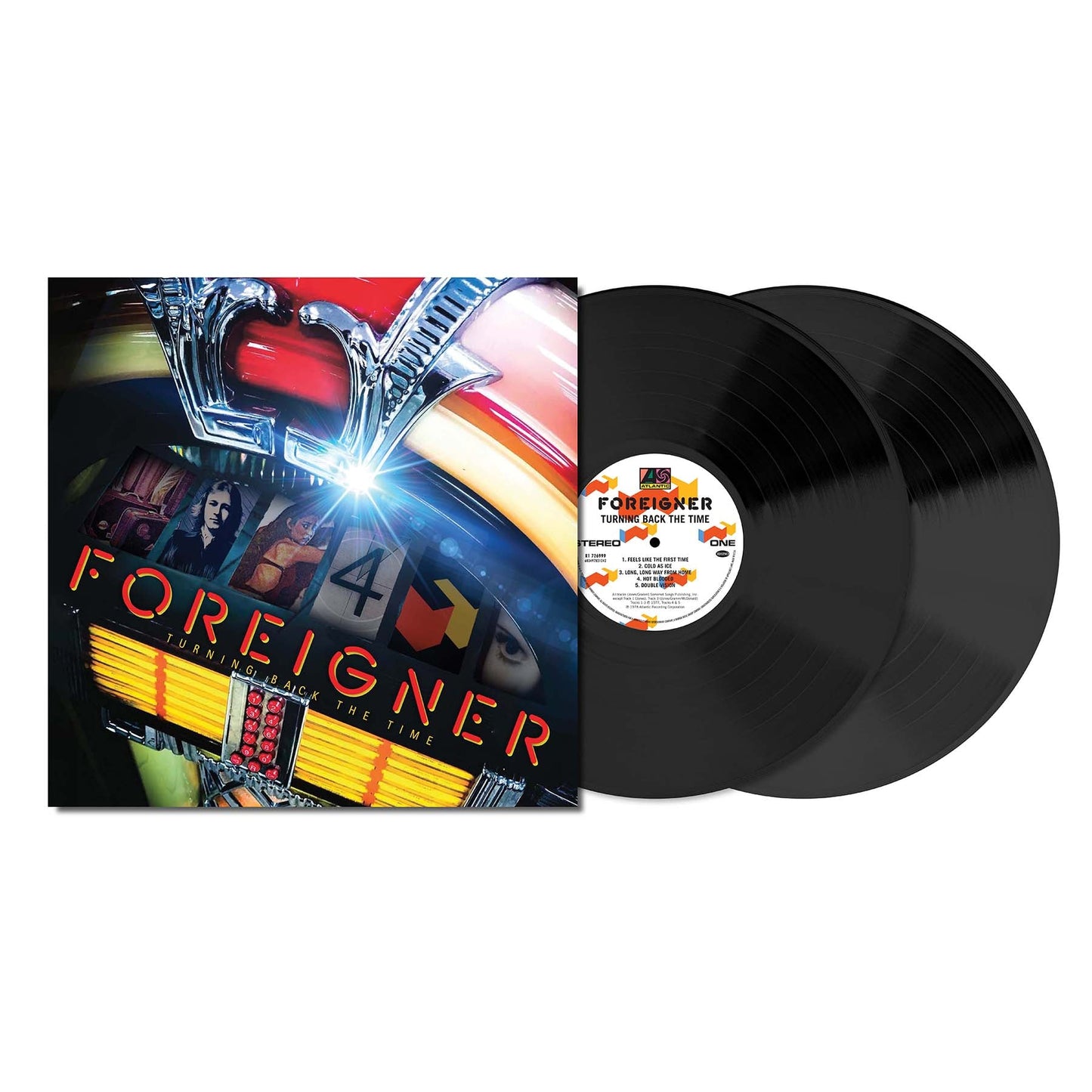 Foreigner “Turning Back the Time” vinyl record with band image.