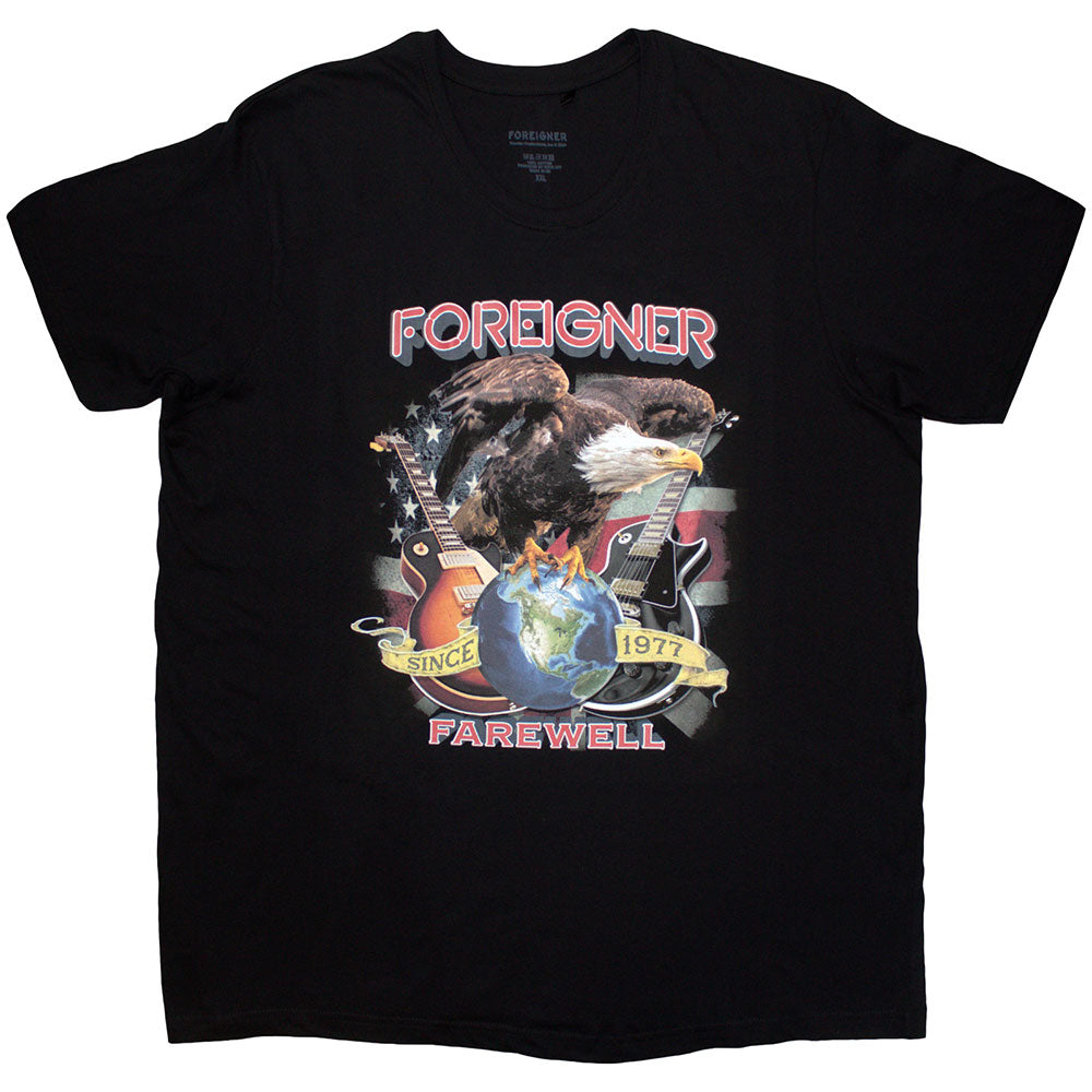 Black unisex t-shirt featuring a graphic of a bald eagle and Foreigner band logo.
