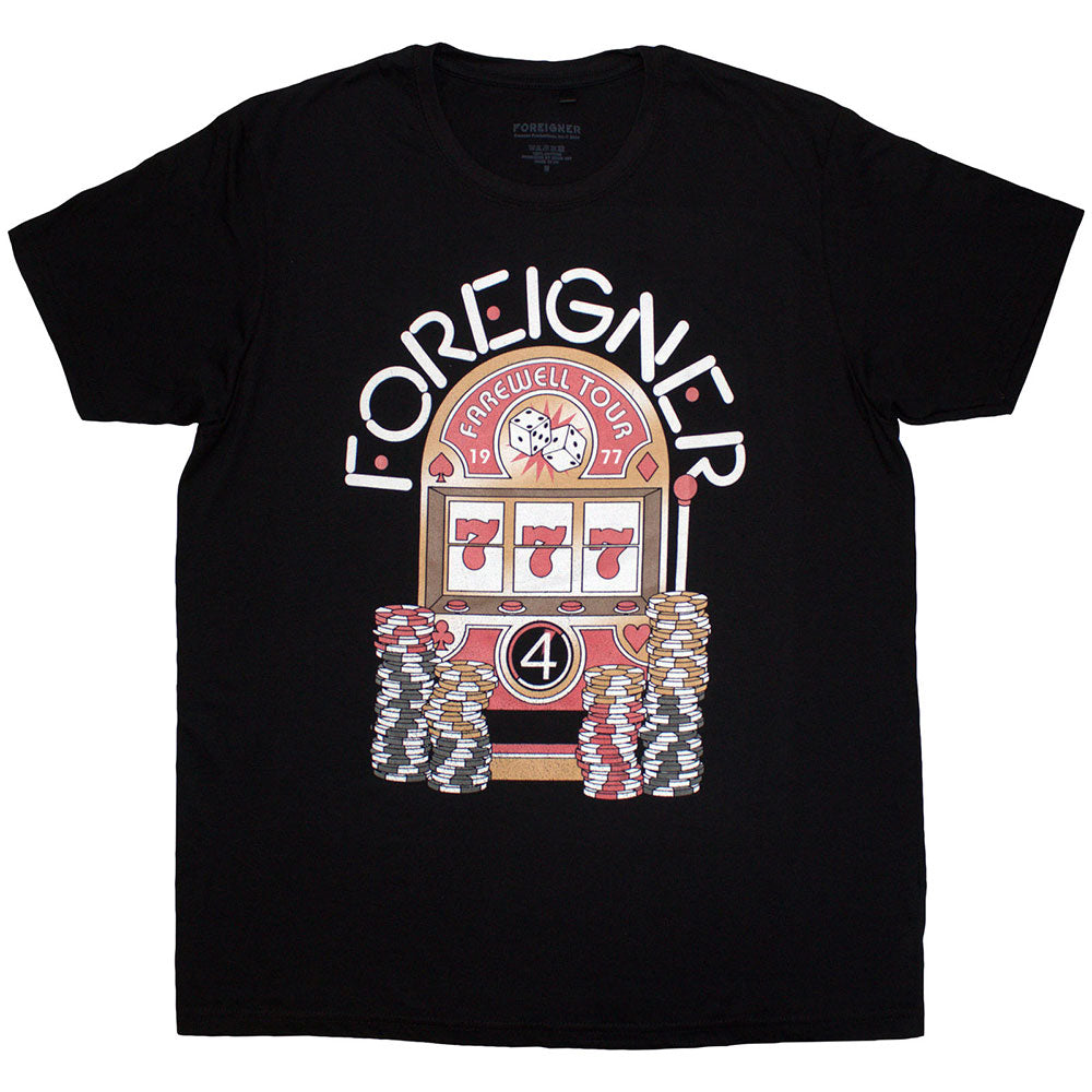 Black unisex t-shirt featuring the Foreigner Farewell Tour logo on the front.