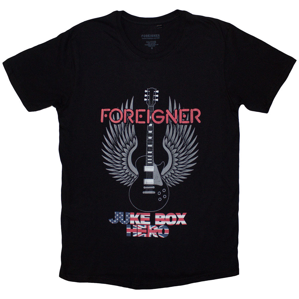Black unisex t-shirt featuring a graphic print of the Foreigner Juke Box Hero logo.