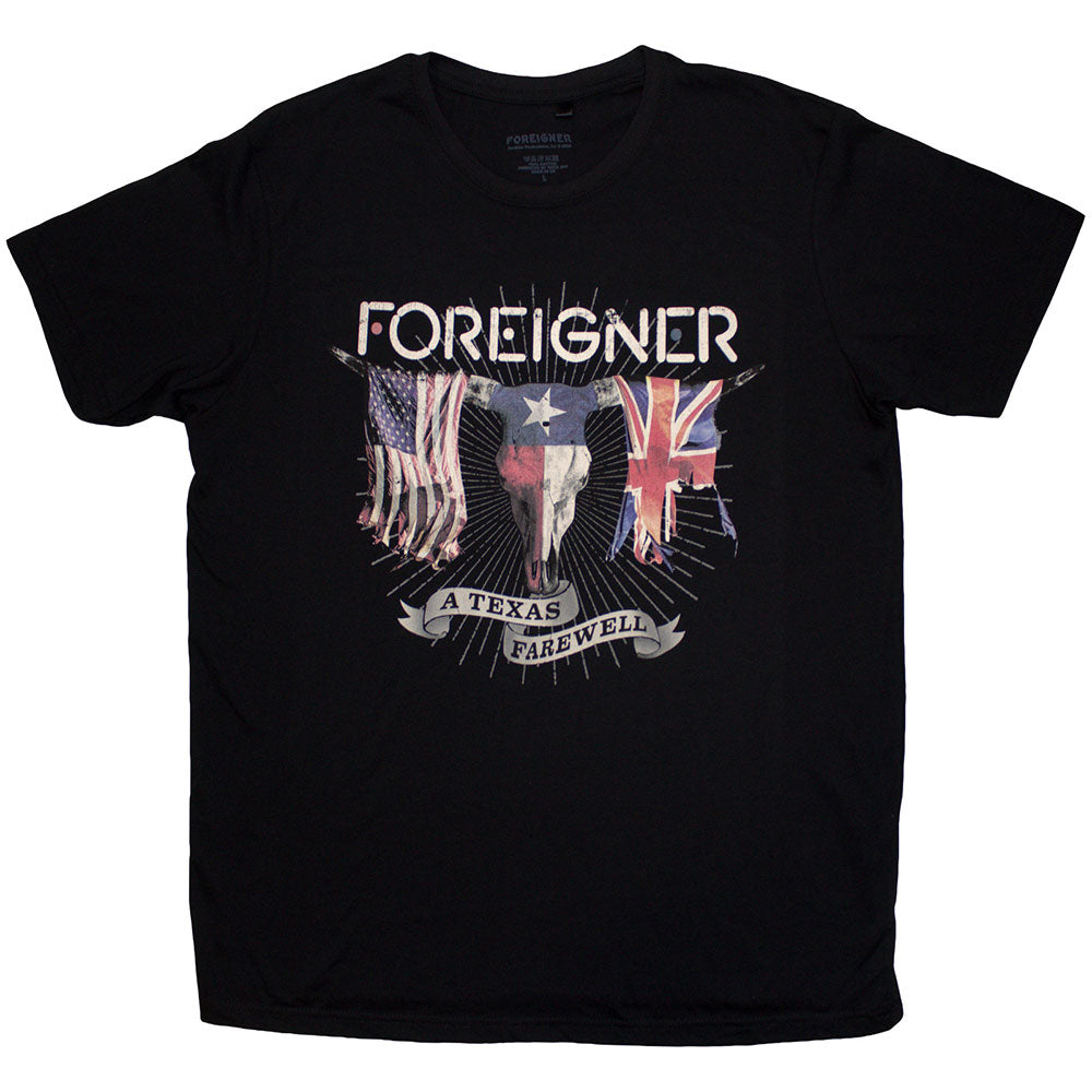 Black t-shirt with “Foreigner Texas Farewell” tour design, size X-Large.