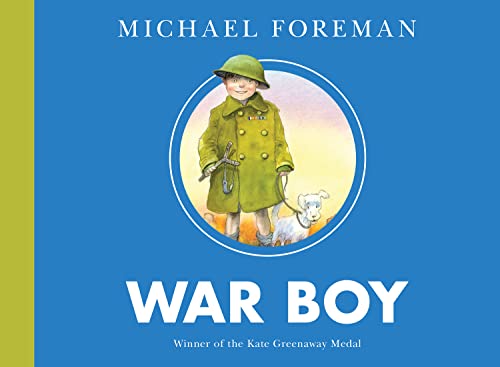 Book cover: boy in army coat with a dog, illustrated style.