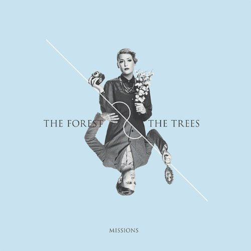 A black-and-white collage of a man on a light blue vinyl album cover.