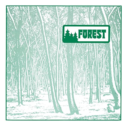 Vinyl record cover with a green and white forest illustration.