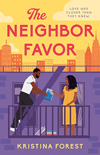 Book cover: illustrated couple on balconies, city skyline background.